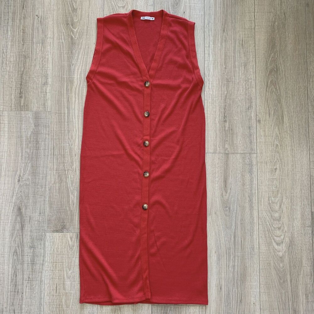 Zara Red Ribbed Knit Button Down Midi Sleeveless Dress Womens Size S
